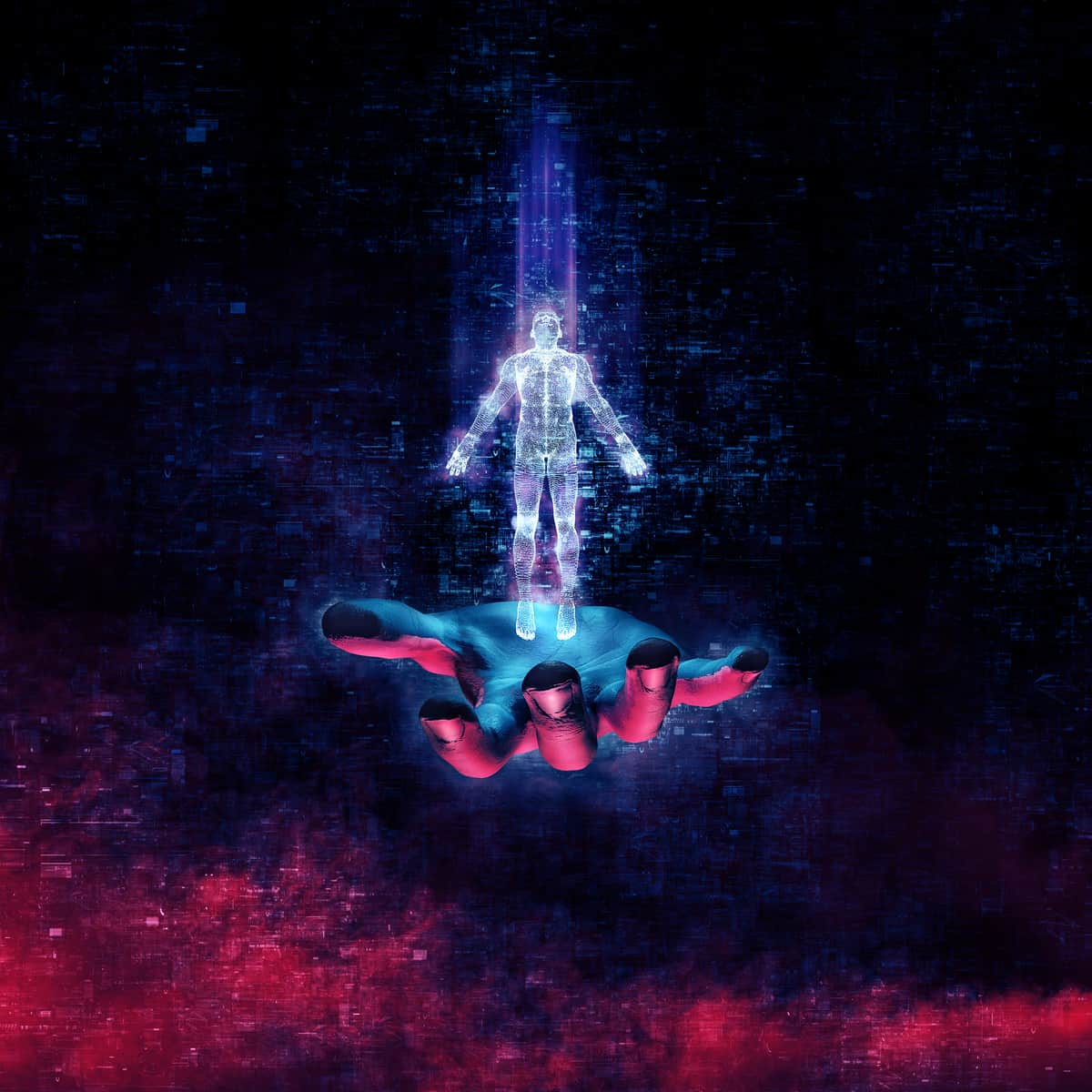 holographic hand with holographic human figure