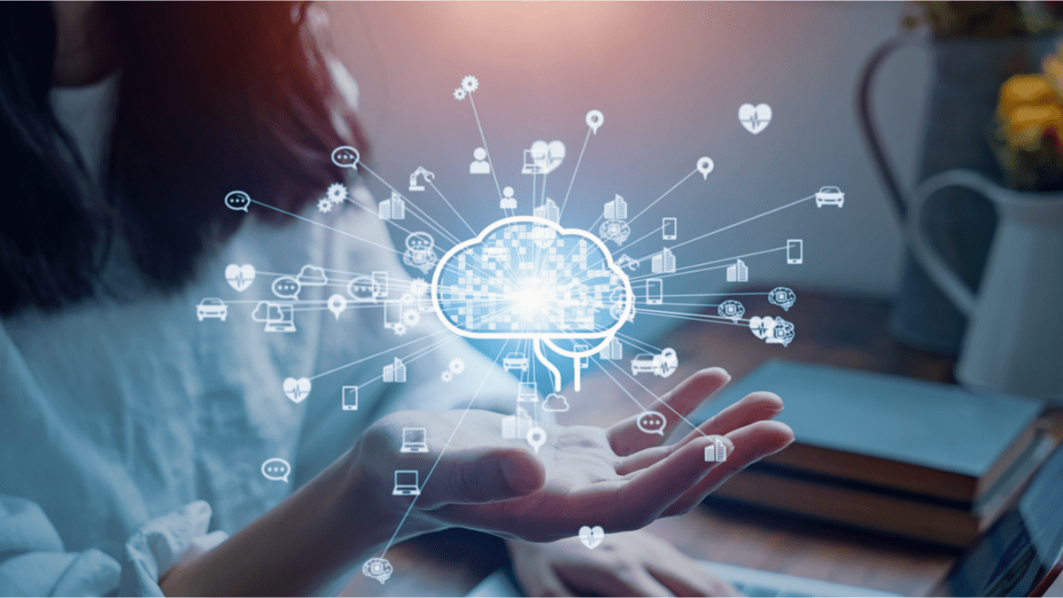 Woman holding social media hologram in hand