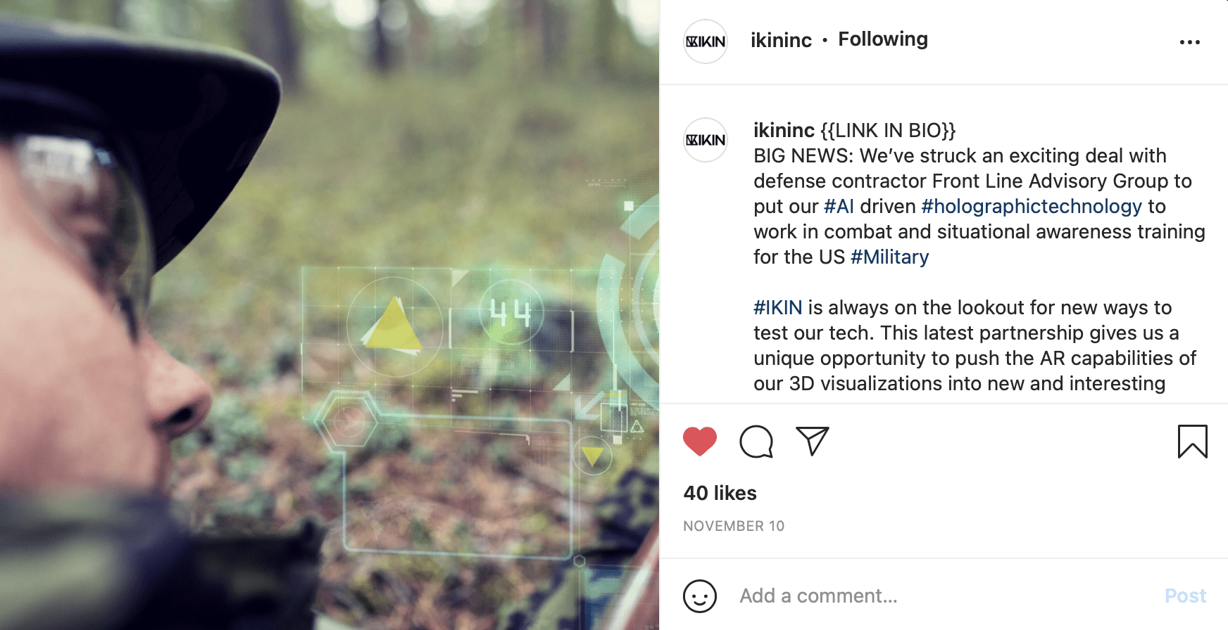 IKIN working with defense contractor Front Line Advisory Group