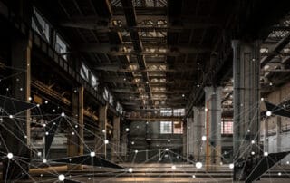 Empty industrial building with holographic web superimposed over image