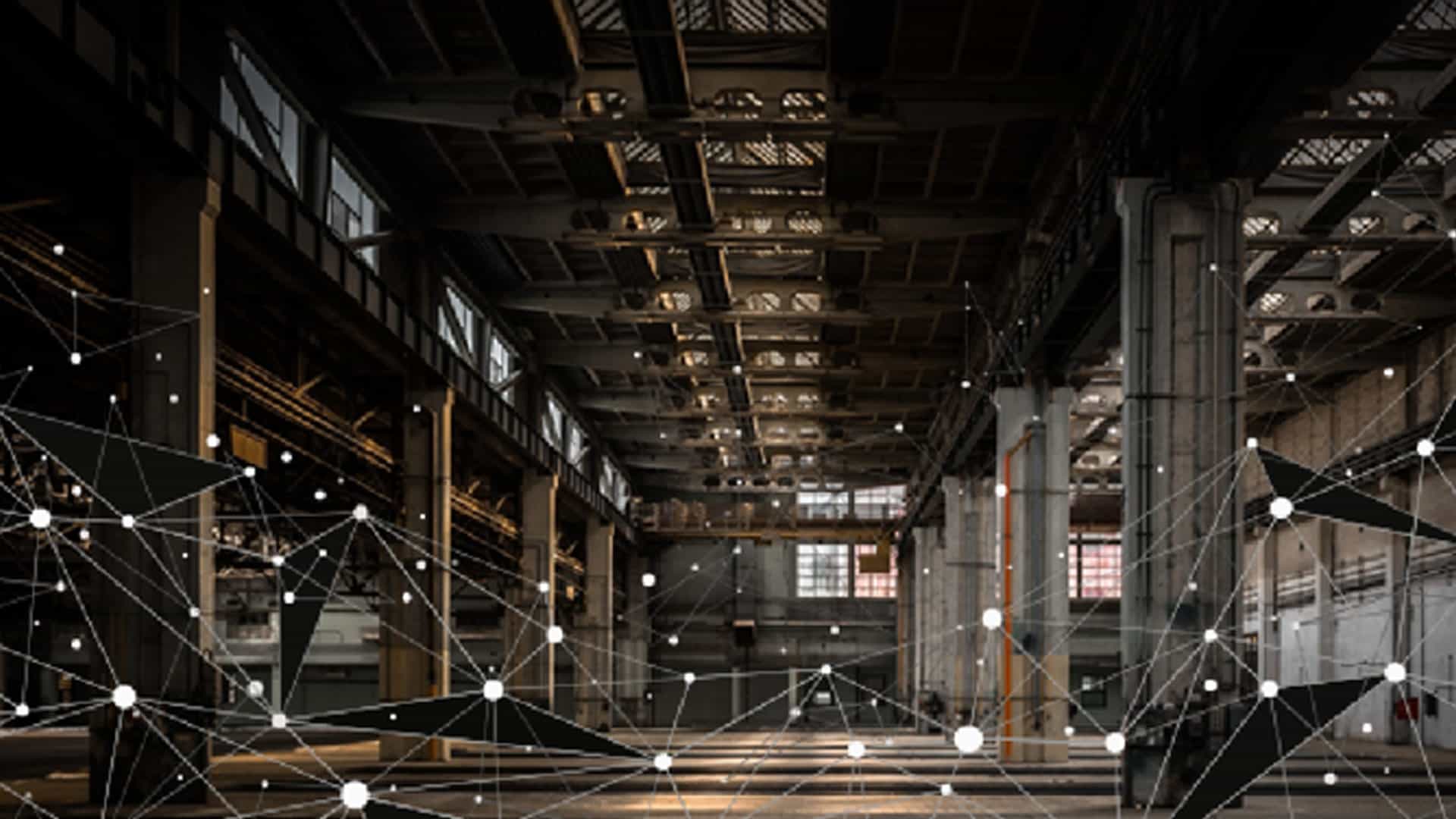 Empty industrial building with holographic web superimposed over image