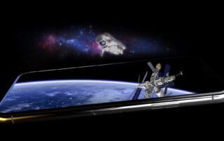 Smartphone floating with simulated astronaut hologram in space