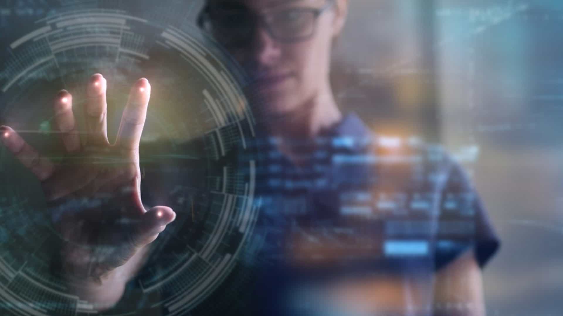 Human interacting with hologram