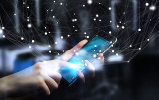 Person holding smartphone with hologram showing web of connecting dots in mobile 3d visual experience