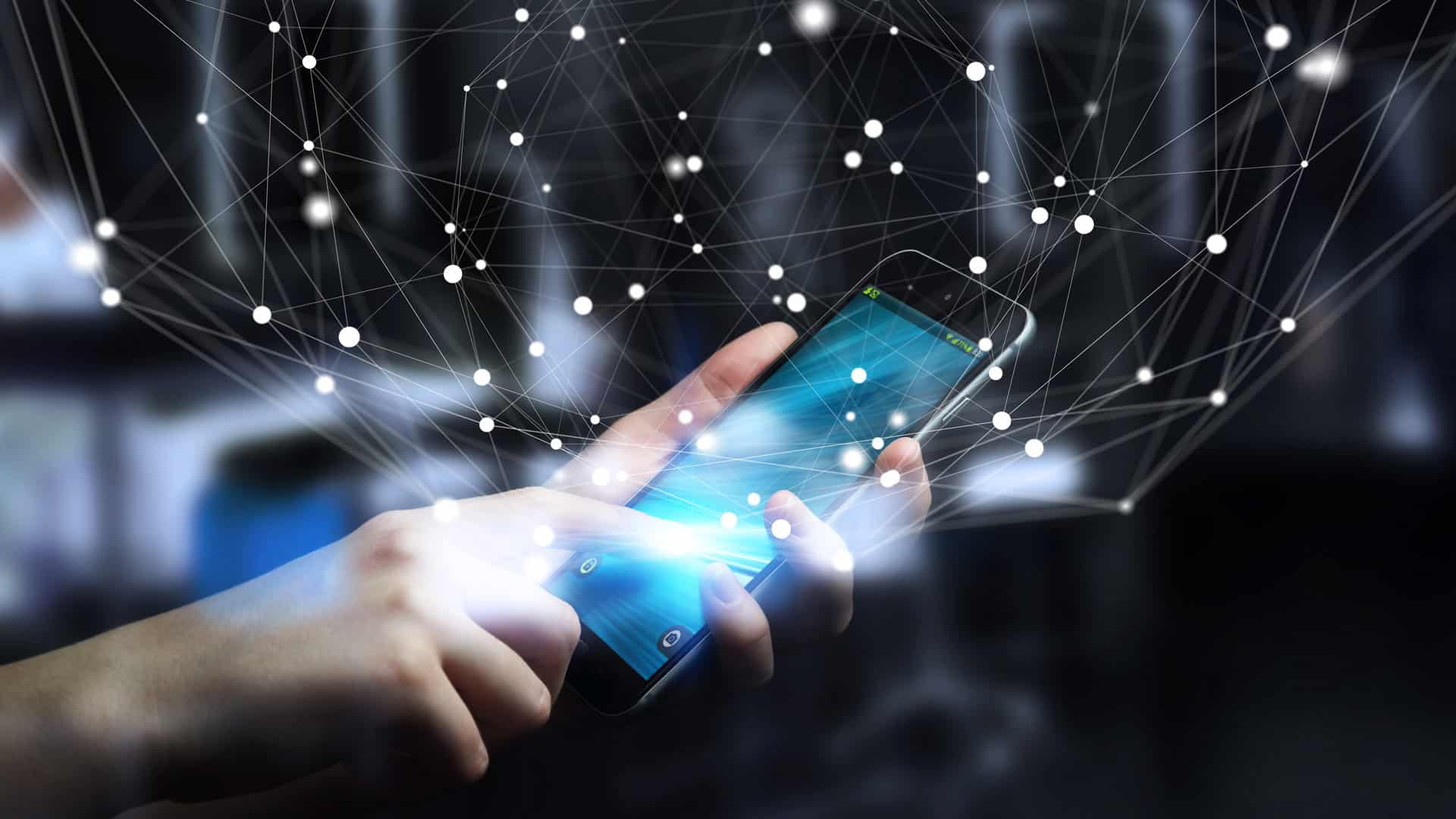 Person holding smartphone with hologram showing web of connecting dots in mobile 3d visual experience