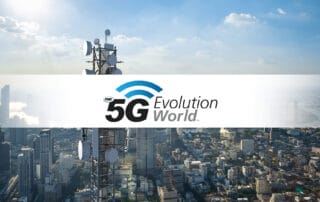 TMC - 5G Evolution World logo over aerial photo of cell tower and city