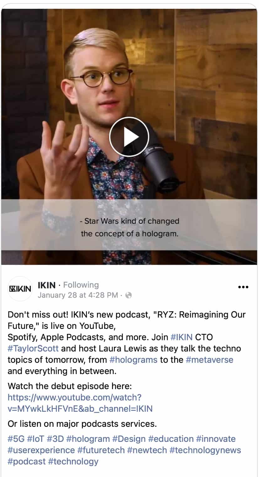 IKIN Facebook Post showing Taylor Scott in Podcast Episode One