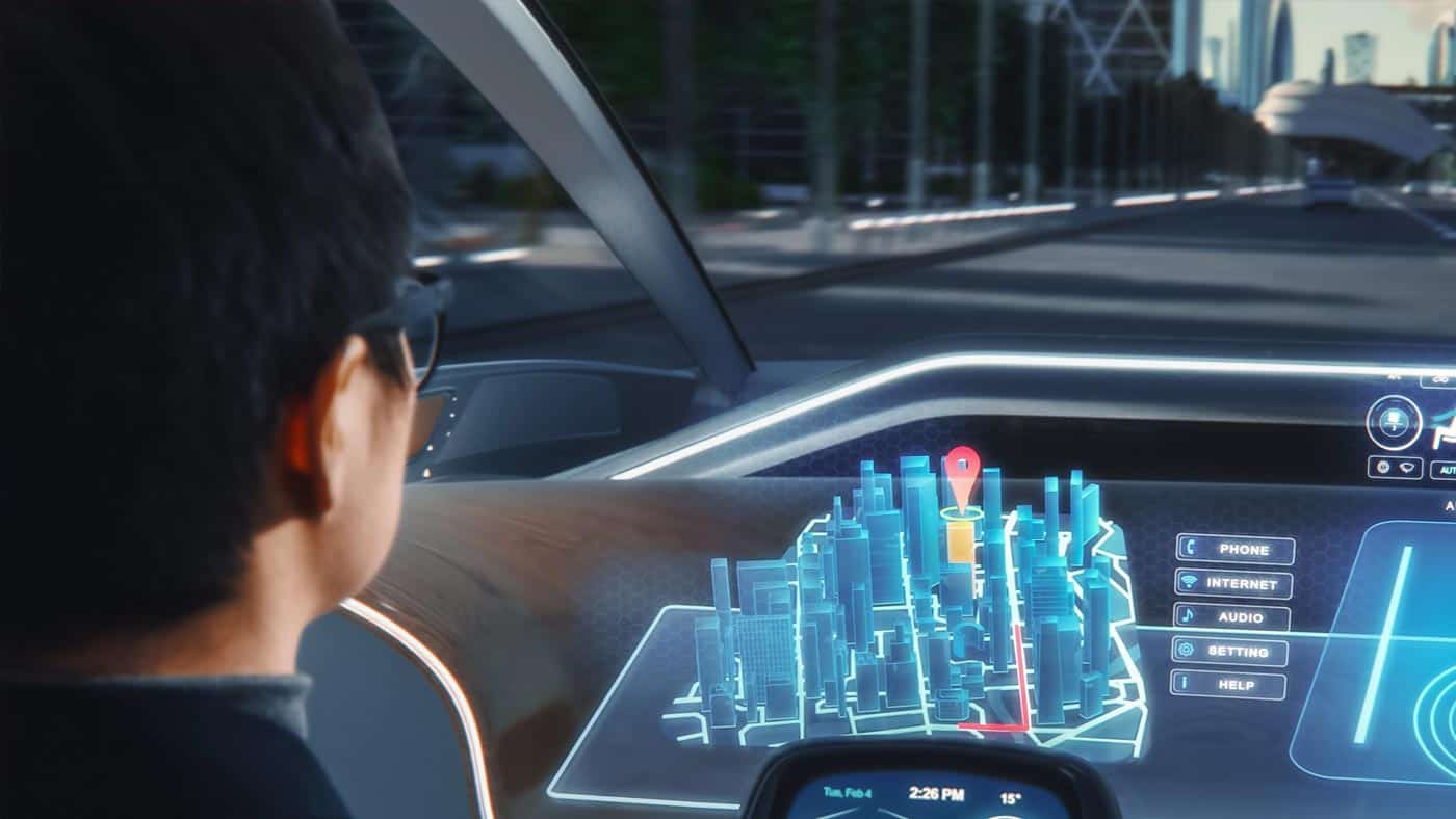 Man driving a car with a holographic display