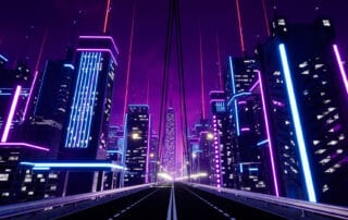 Neon purple sky rise buildings at night (illustration) thumbnail