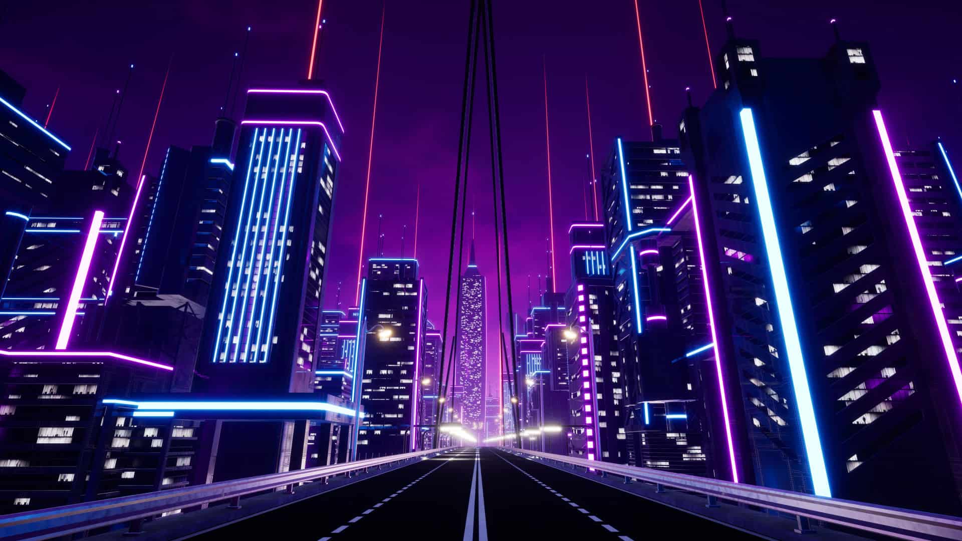 Neon purple sky rise buildings at night (illustration) thumbnail